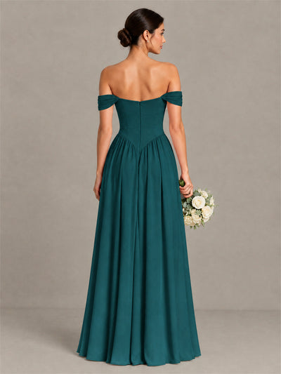 BOLODOO Teal Off-Shoulder Chiffon A-Line Bridesmaid Dress - Teal