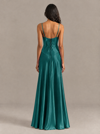 BOLODOO Teal Satin Lace-Up Back Maxi Dress - Teal