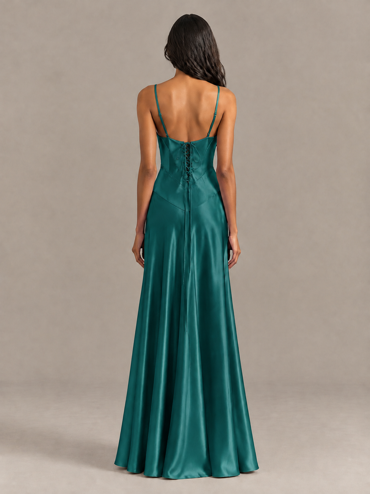BOLODOO Teal Satin Lace-Up Back Maxi Dress - Teal