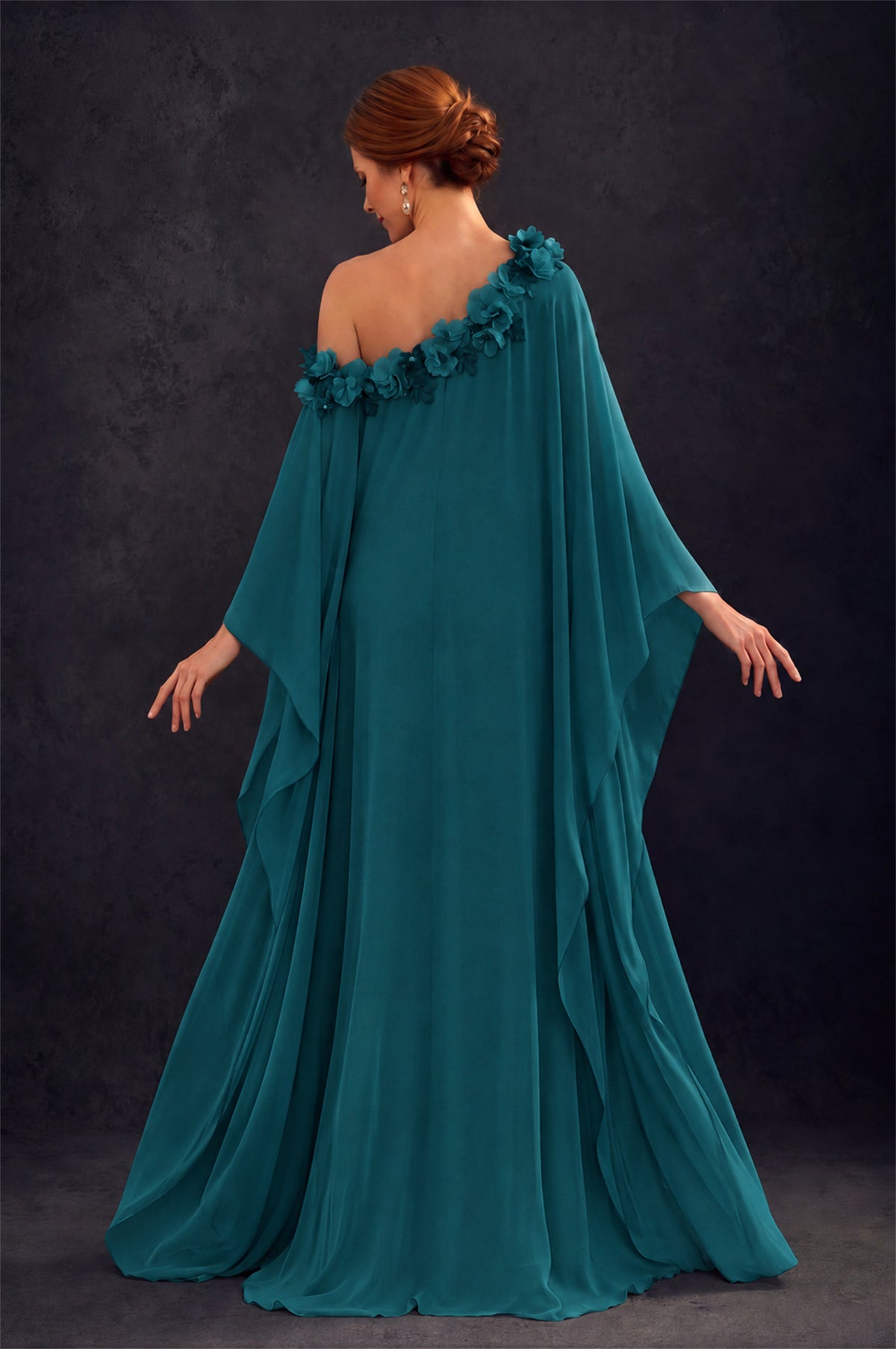 BOLODOO Teal 2-Piece Set: Off-Shoulder 3D Floral Cape Gown & One-Shoulder Wide-Leg Jumpsuit | BD0373 - Teal