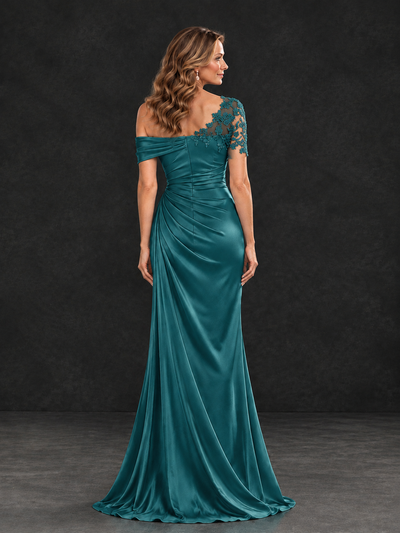 BOLODOO Teal Asymmetric Satin Mother of the Bride Dress with Lace Sleeve - Teal - Teal (2)