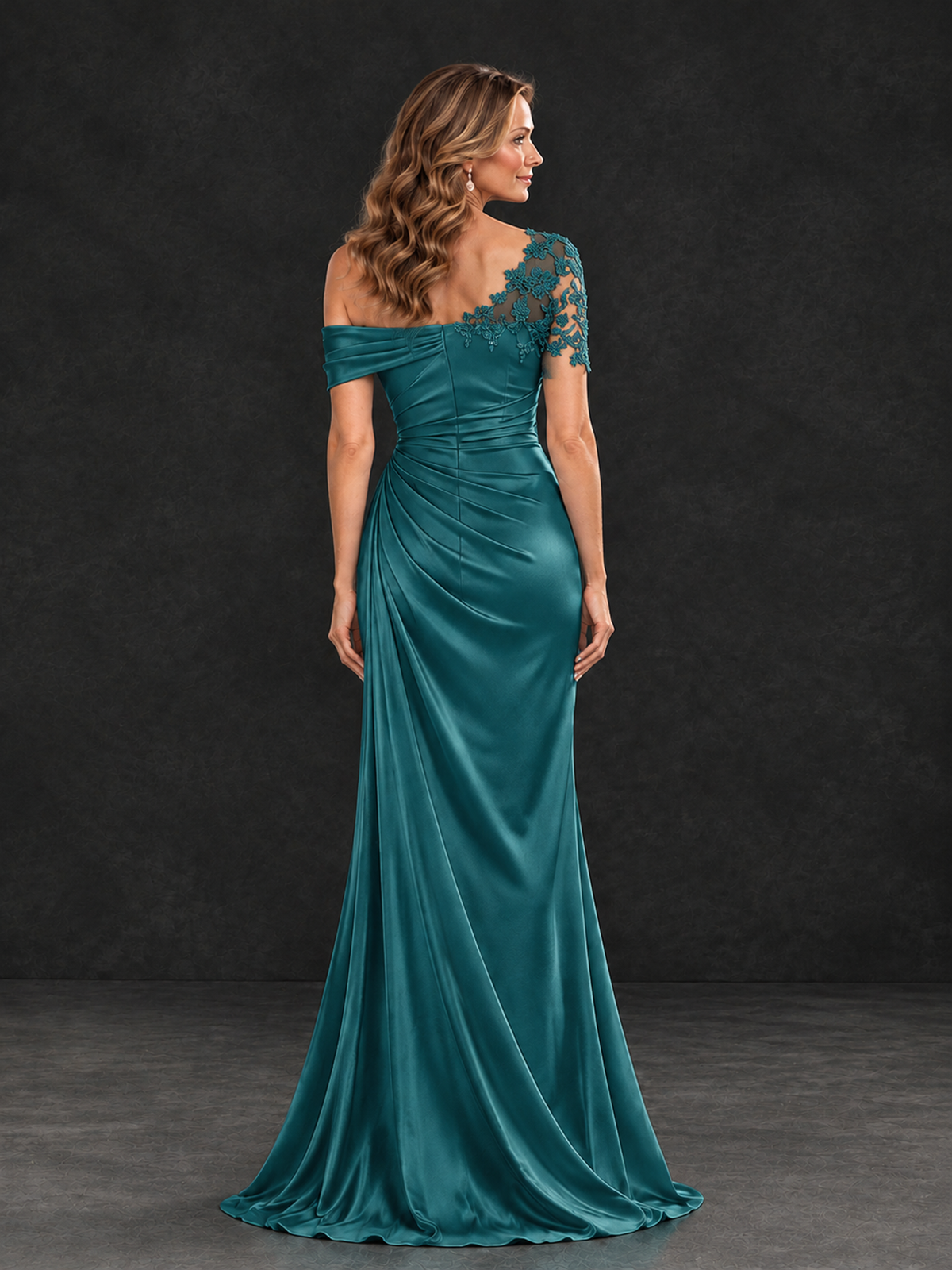 BOLODOO Teal Asymmetric Satin Mother of the Bride Dress with Lace Sleeve - Teal - Teal (2)