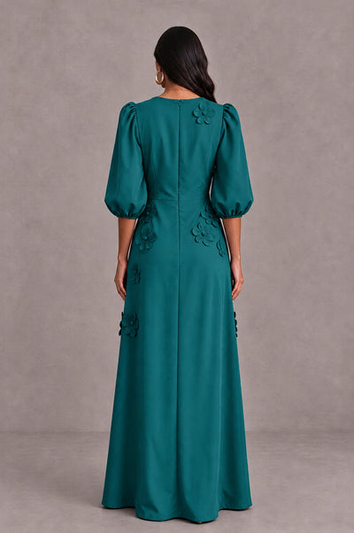 BOLODOO Teal Floral Applique Puff Sleeve A-Line Evening Dress - Teal - Teal (2)