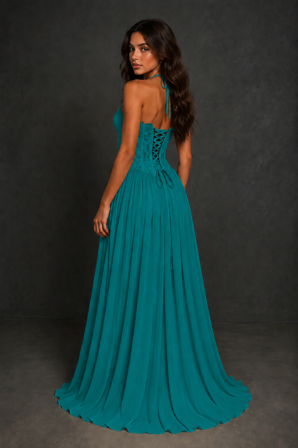 BOLODOO Teal Lace Corset Halter Maxi Gown – Backless A-Line Formal Dress - Teal