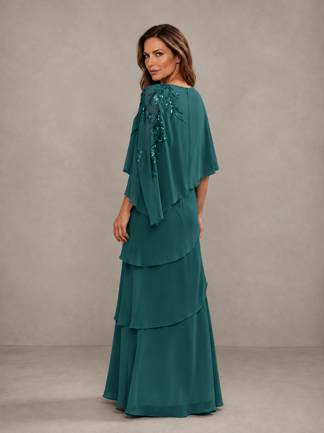 BOLODOO Teal Mocha Asymmetric Cape Sleeve Teal Sequin Embroidered Pearl Trim Tiered Chiffon Gown - Teal