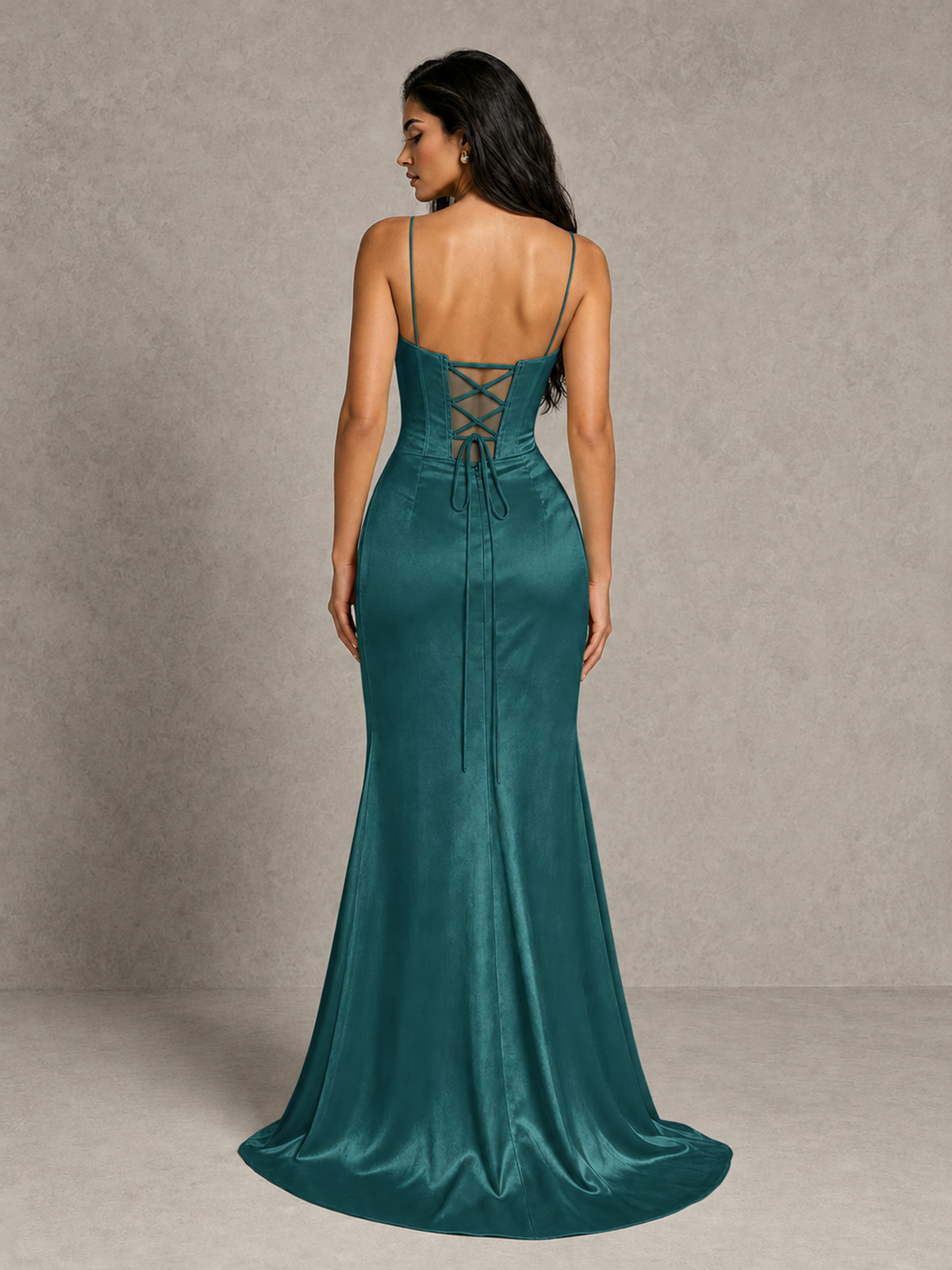 BOLODOO Teal Satin Corset Prom Dress with High Slit & Lace-Up Back - Teal - Teal (2)