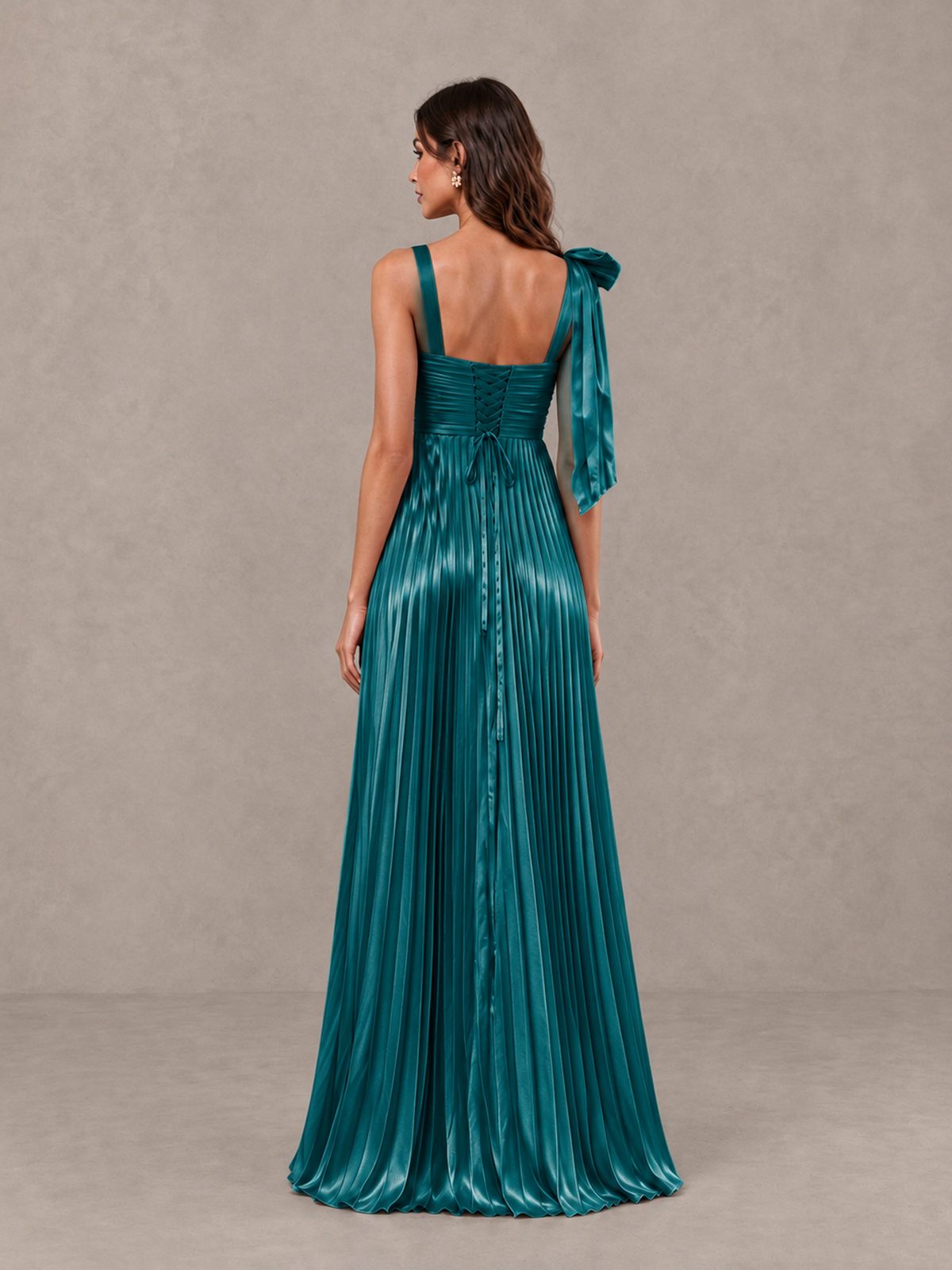 BOLODOO Teal Pleated Bow-Strap Bridesmaid Maxi Dress - Teal - Teal (2)