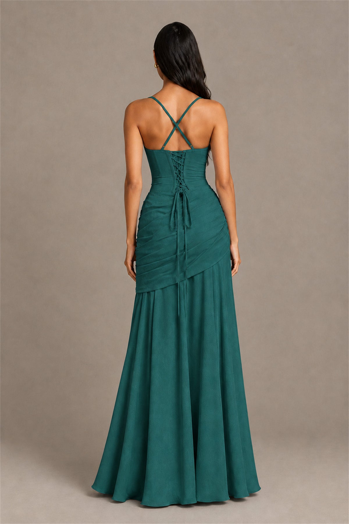 BOLODOO Square Neck Ruched A-Line Maxi Dress - Teal Backless Evening Gown - Teal