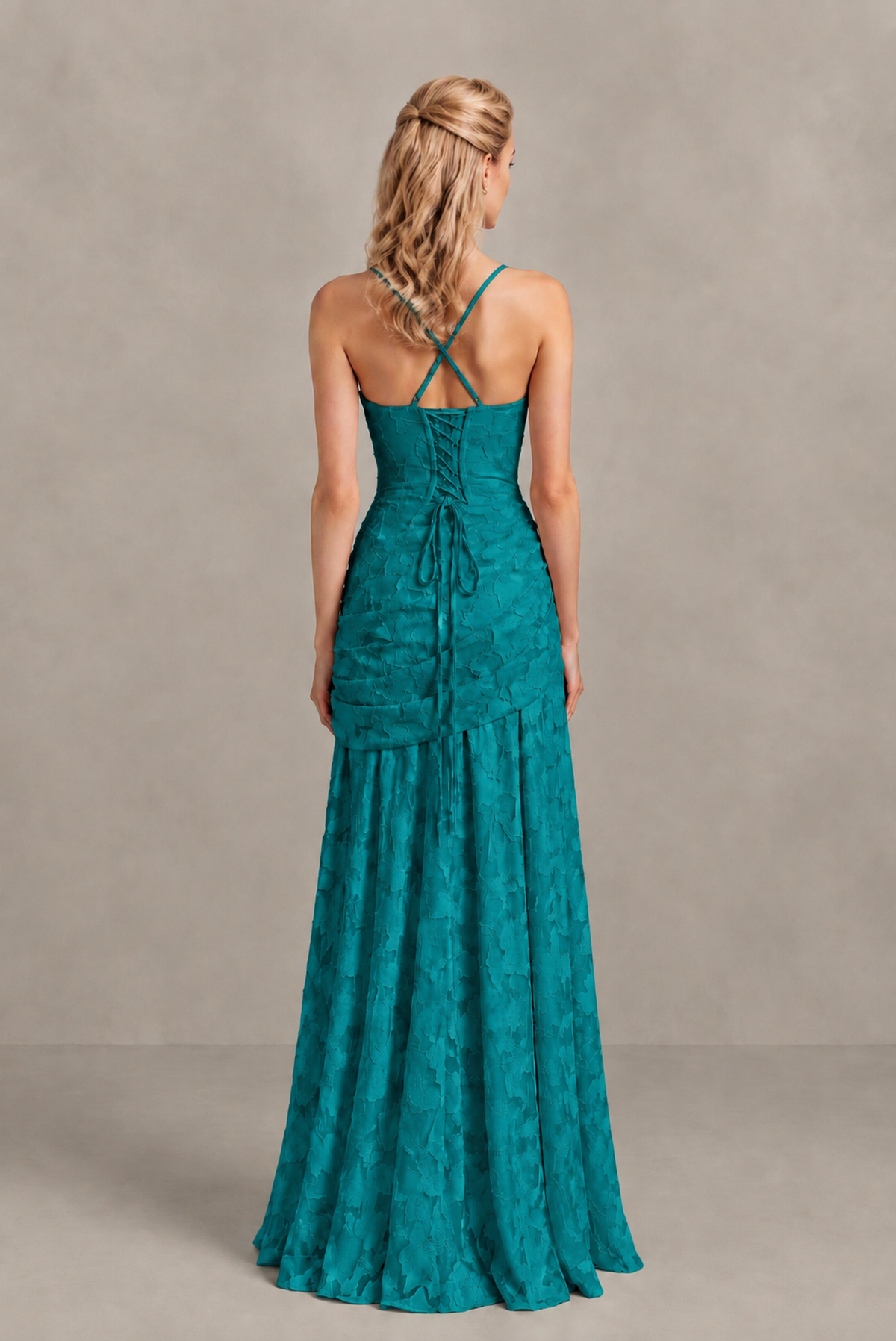 BOLODOO Teal Ruched Floral Maxi Dress with Lace-Up Back - Teal