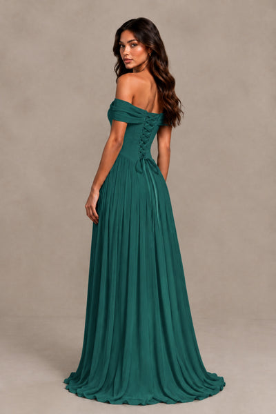 BOLODOO Teal Off-Shoulder Sweetheart Corset Pleated Chiffon Maxi Dress - Teal - Teal (2)