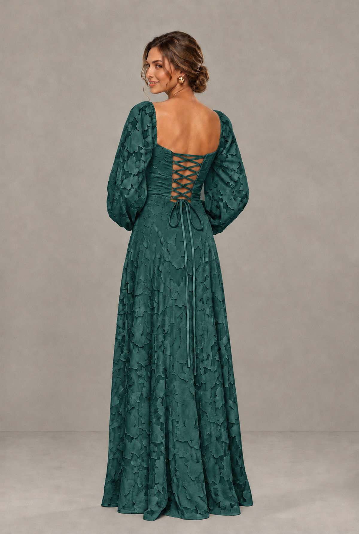 BOLODOO Floral Teal Long Sleeve A-Line Dress with Lace-Up Back - Teal