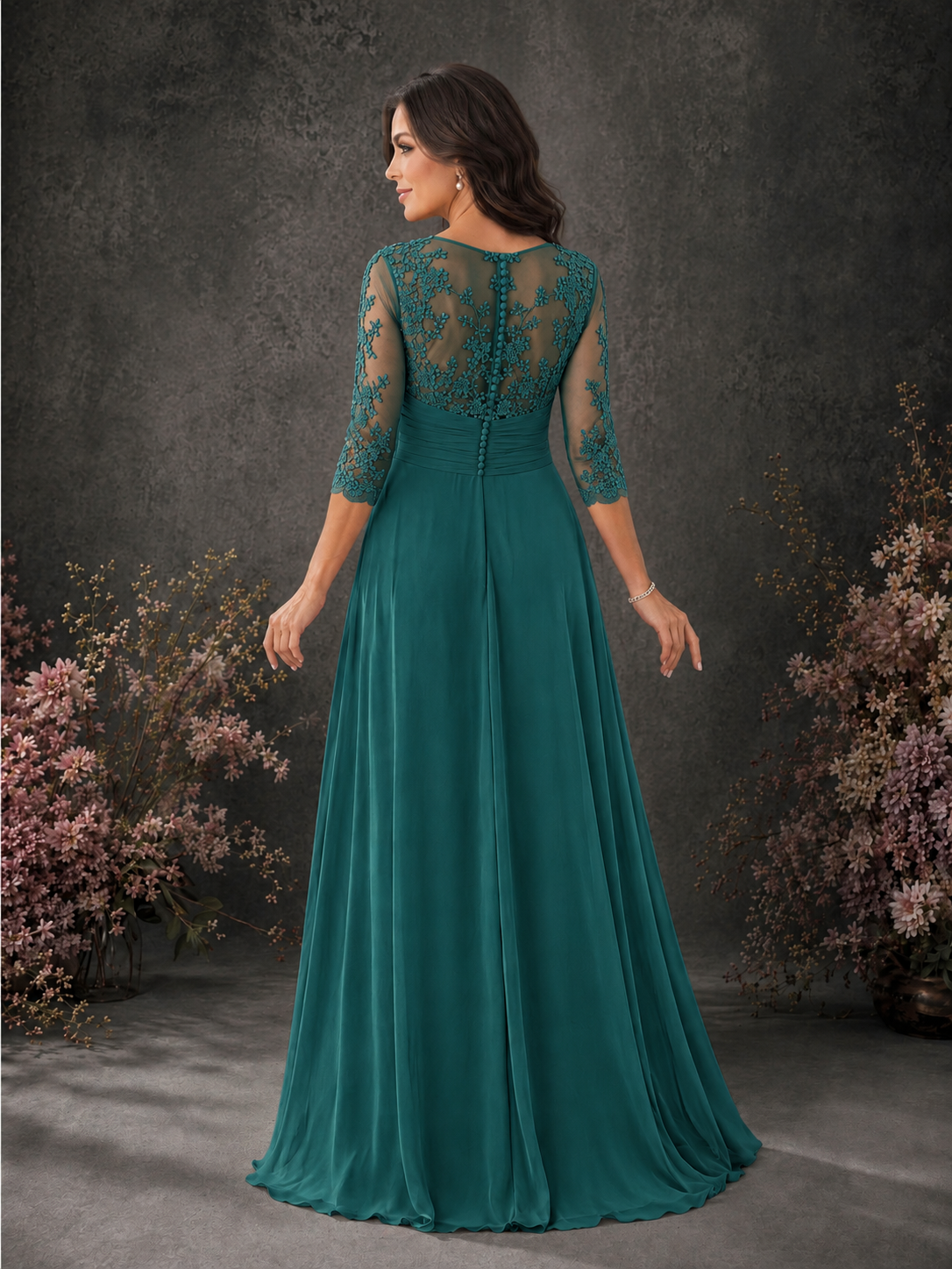 BOLODOO Teal Chiffon Lace Illusion Neckline 3/4 Sleeve Floor Length Formal Gown - Teal