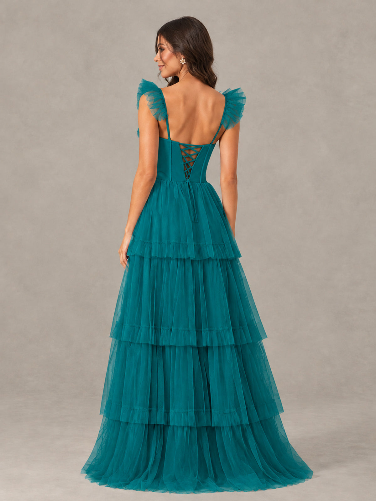 BOLODOO Teal Tiered Tulle Bridesmaid Dress with Slit - Teal - Teal (2)