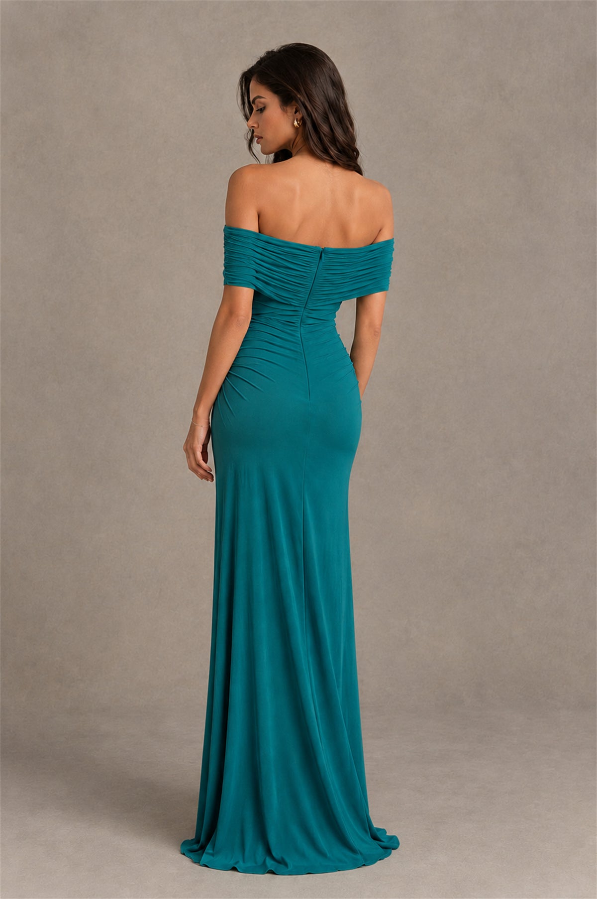 BOLODOO Teal Off-Shoulder Ruched Maxi Dress - Teal