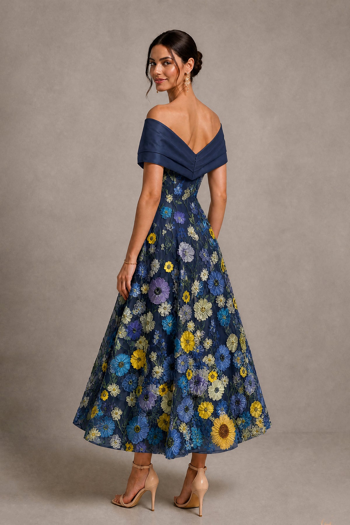 Teal Off-Shoulder Satin & 3D Floral Embroidered Tulle Tea Length A-Line Dress - Teal