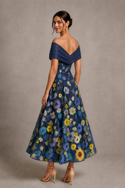 Teal Off-Shoulder Satin & 3D Floral Embroidered Tulle Tea Length A-Line Dress - Teal