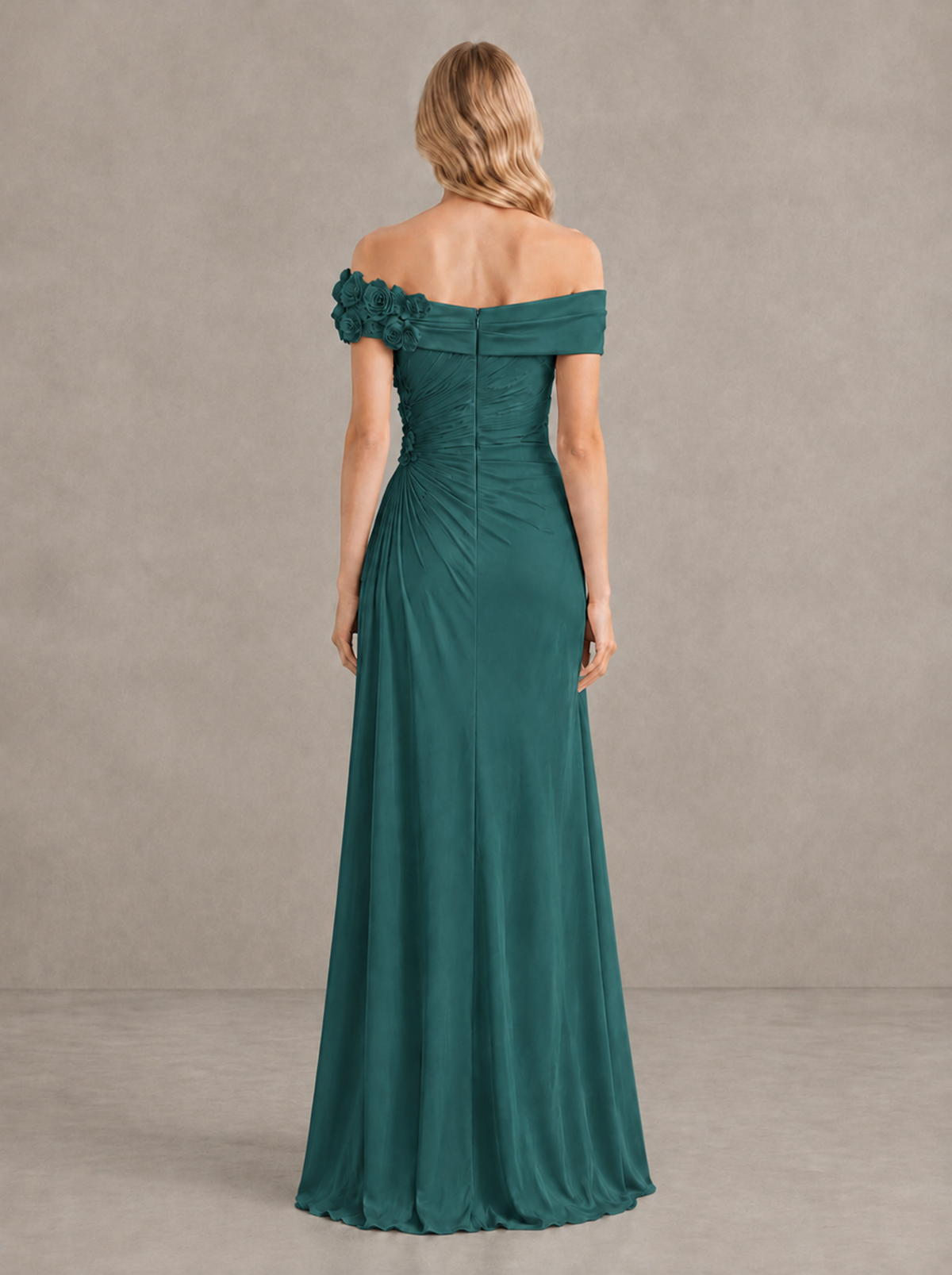 BOLODOO Teal Off-Shoulder Floral Applique Wedding Guest Maxi Dress - Teal - Teal (2)
