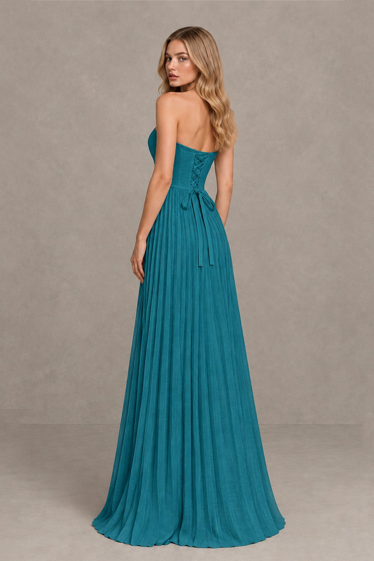 BOLODOO Teal Strapless Sunburst Pleated Twisted Knot Lace-Up Back Accordion Pleated Chiffon Maxi Dress - Teal