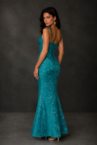 BOLODOO Teal Scoop Neck Tie Strap Lace-Up Back Floral Jacquard Mermaid Maxi Dress - Teal