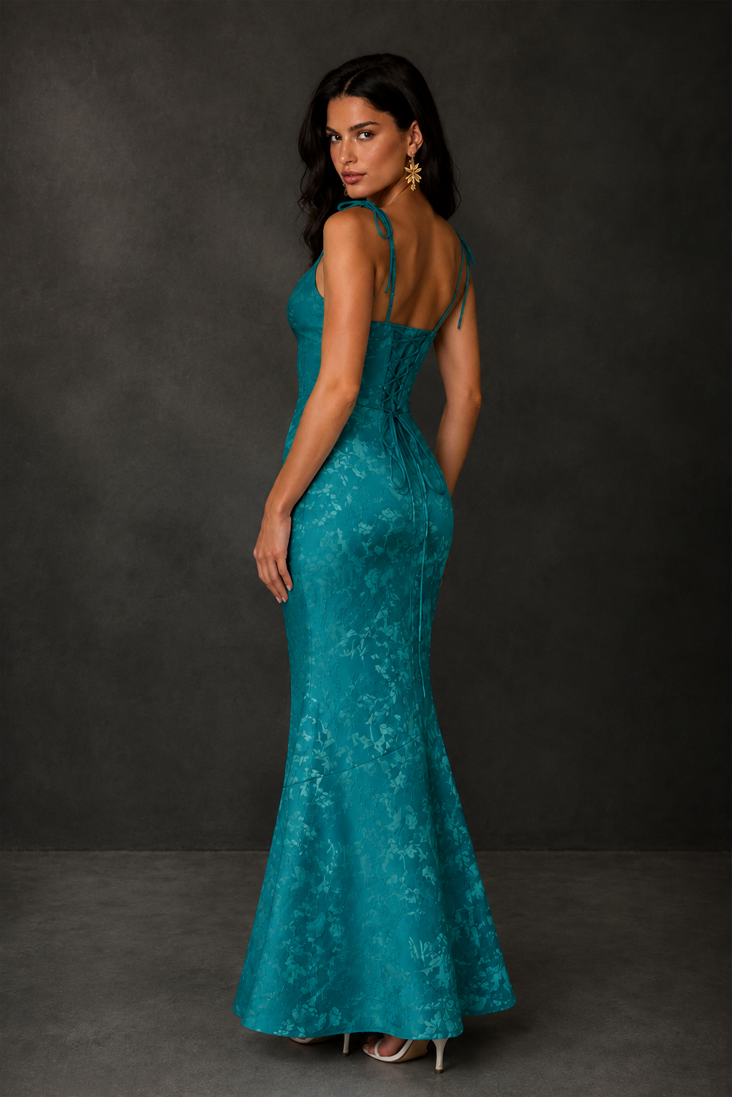 BOLODOO Teal Scoop Neck Tie Strap Lace-Up Back Floral Jacquard Mermaid Maxi Dress - Teal