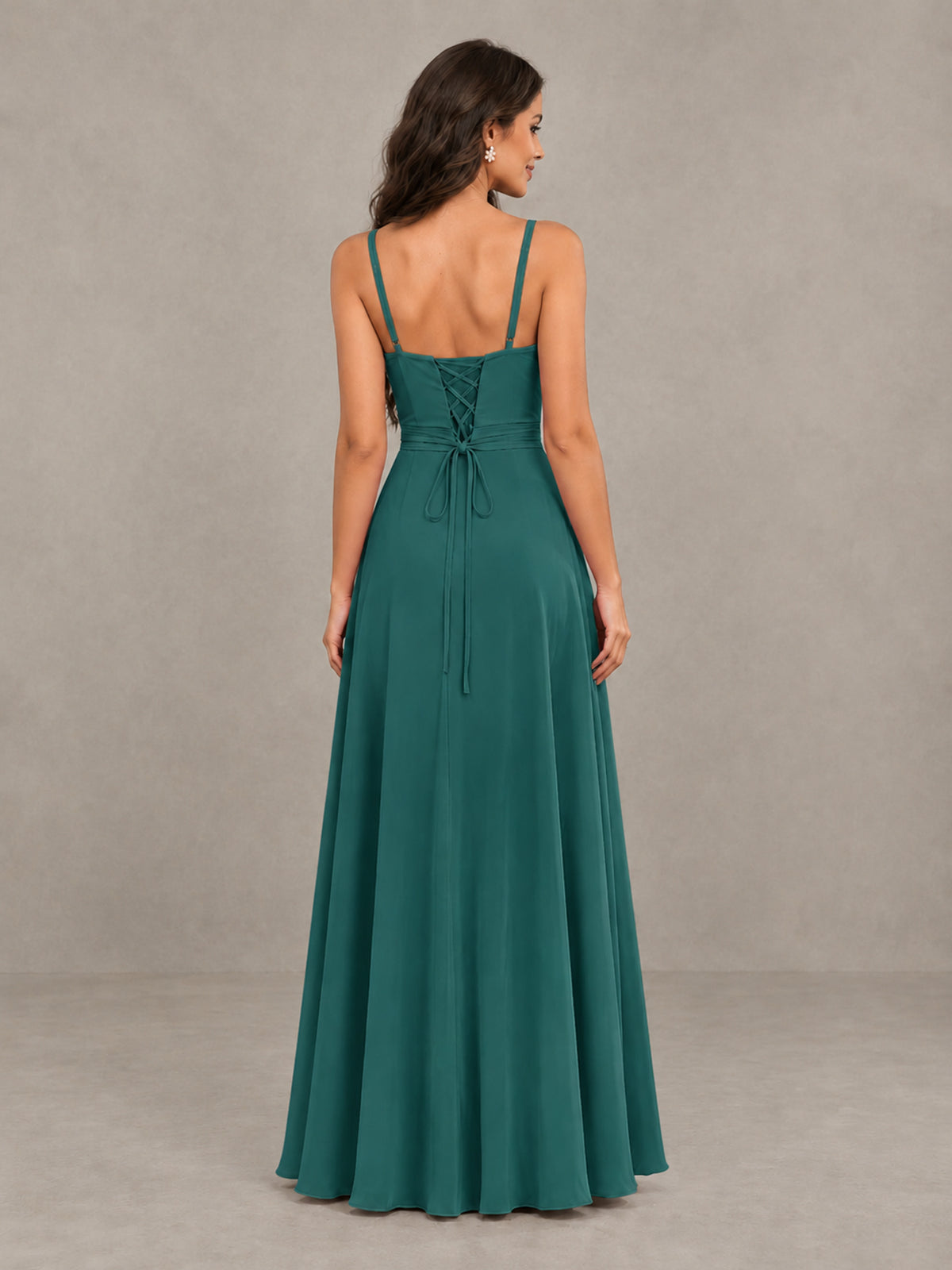 BOLODOO Teal Spaghetti Strap Ruffle Bridesmaid Dress with Slit - Teal - Teal (2)