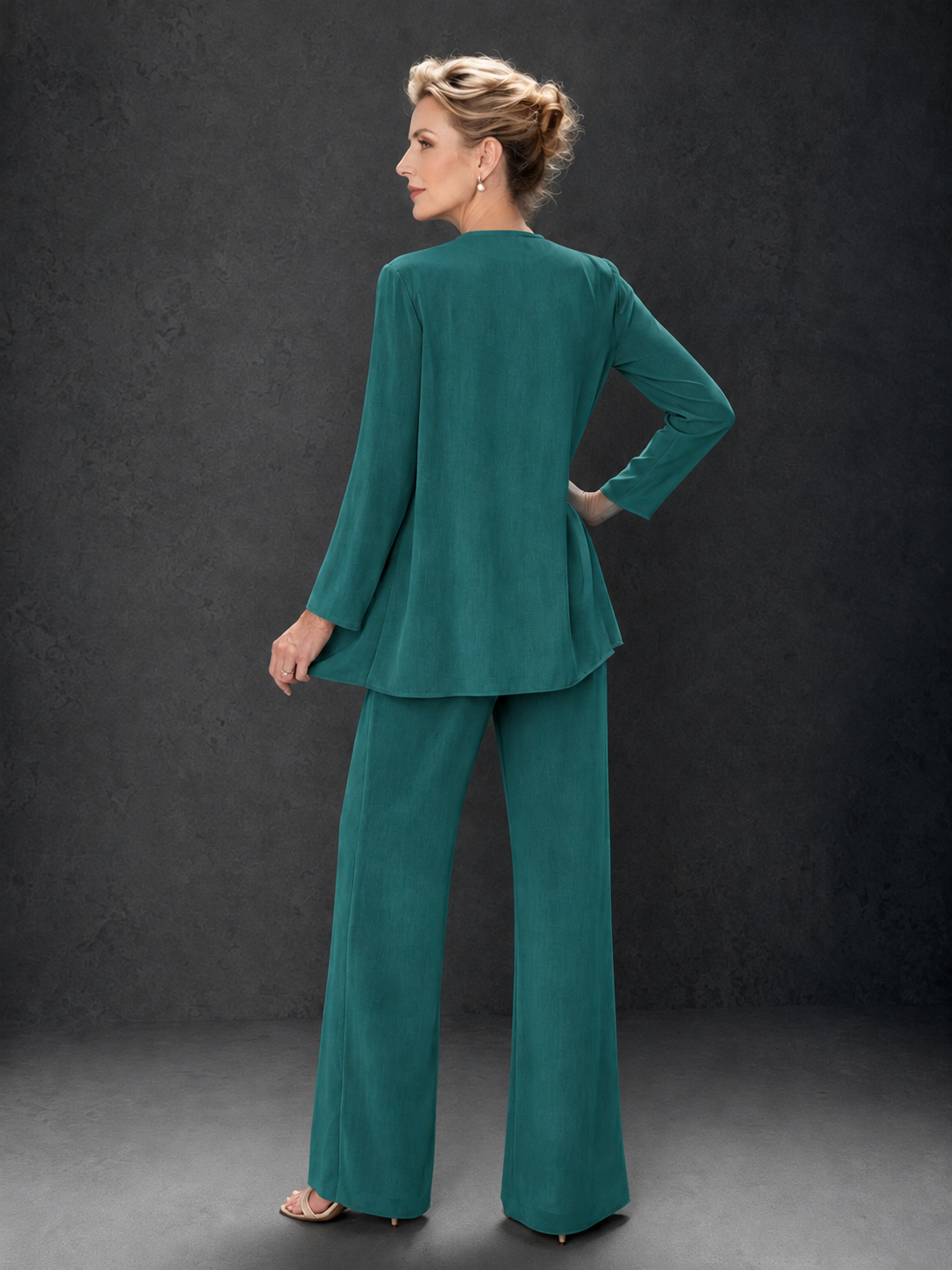 BOLODOO Teal 3-Piece Mother of the Bride Pant Suit with Beaded Top & Chiffon Jacket - Teal