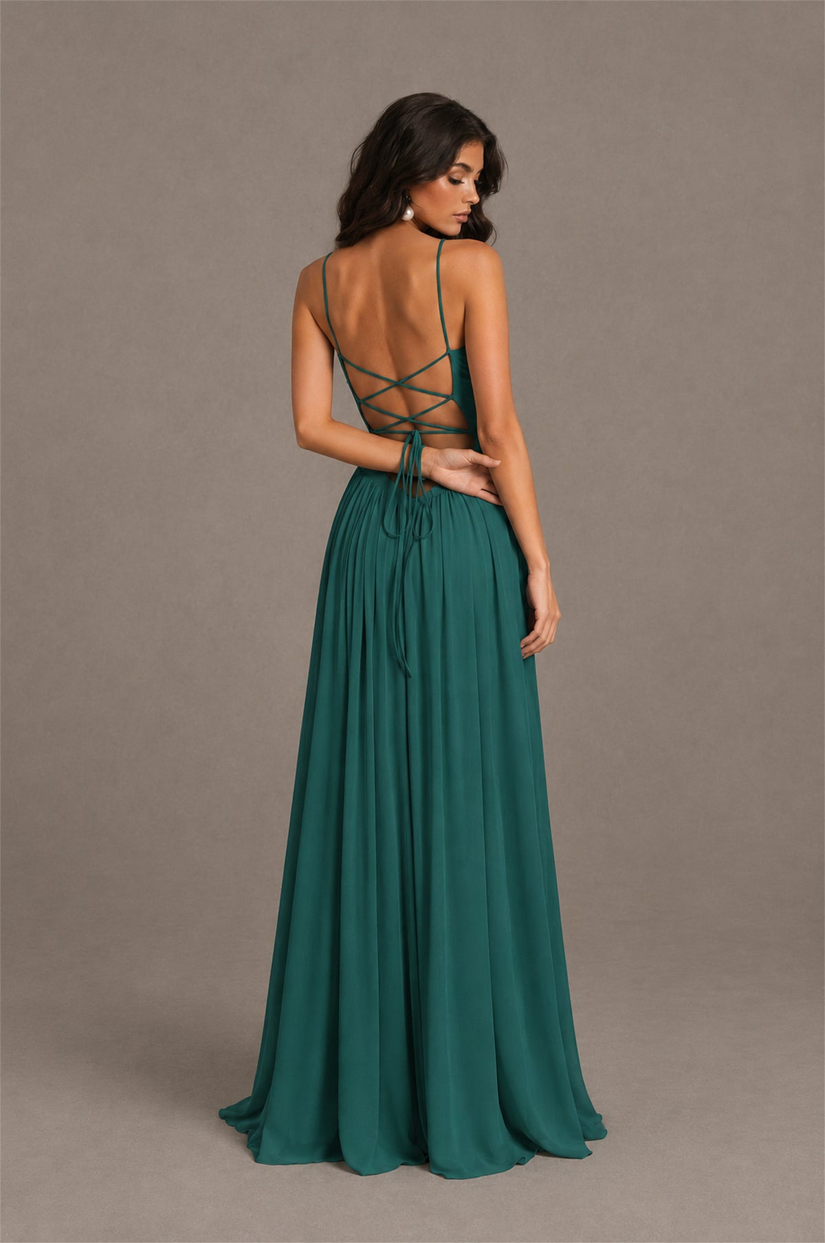 BOLODOO Teal Spaghetti Strap Square Neck Ruched Chiffon Maxi Dress with Lace-Up Back - Teal