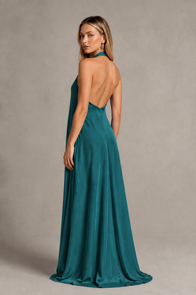 BOLODOO Teal Backless Halter Satin Bridesmaid Dress - Teal
