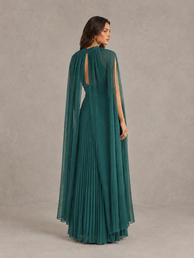 BOLODOO Teal Pleated Cape Maxi Wedding Guest Dress - Teal - Teal (2)