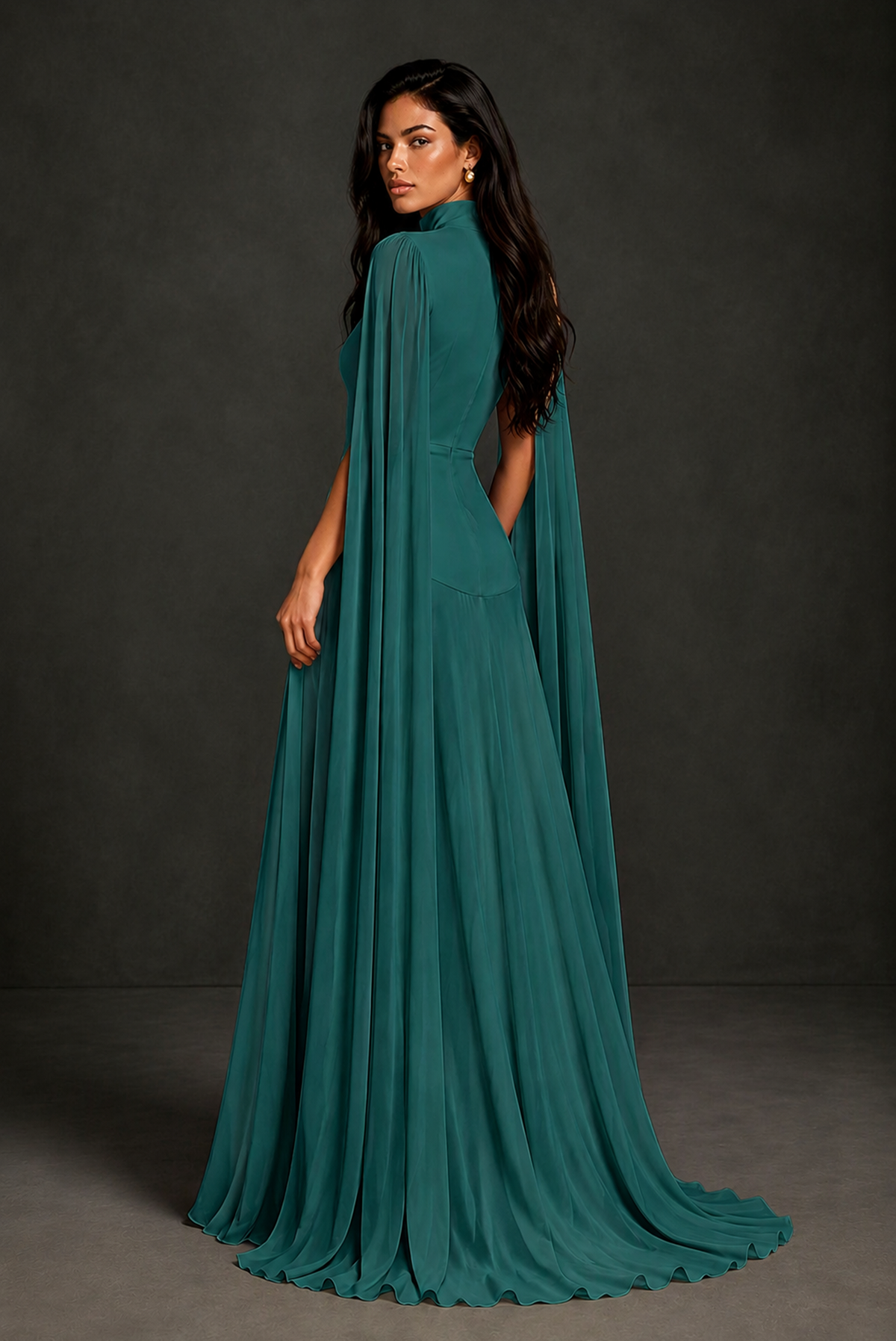 BOLODOO Teal Mock Neck Cape Sleeve A-Line Chiffon Maxi Dress - Teal