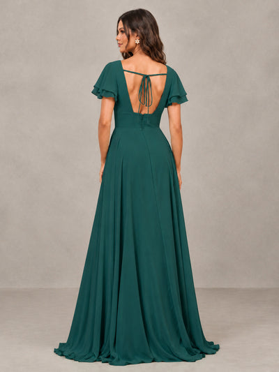 BOLODOO Teal Flutter Sleeve Chiffon A-Line Maxi Bridesmaid Dress with Open Back & Slit - Teal - Teal (2)