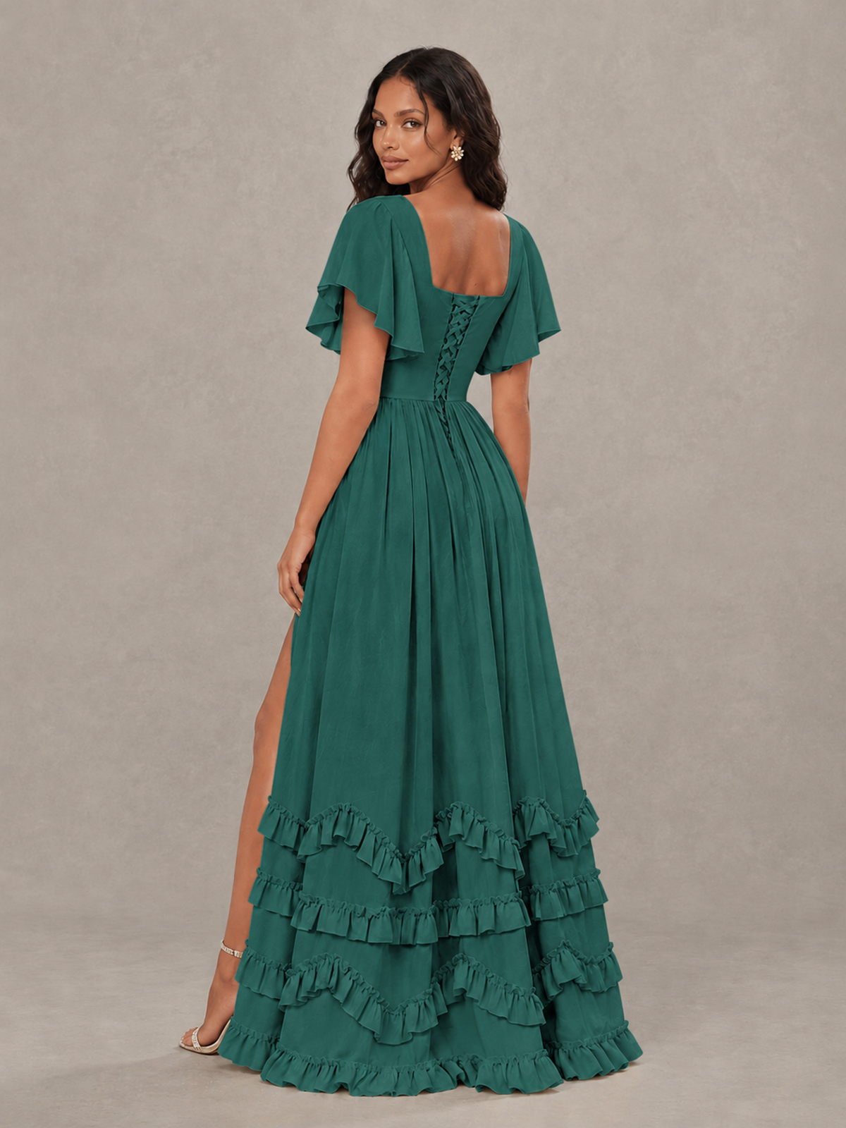 BOLODOO Teal V-Neck Flutter Sleeve Ruffle Bridesmaid Dress with Slit - Teal - Teal (2)