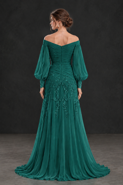 BOLODOO Teal Long Sleeve Mother of the Bride Dress with Floral Appliqués - Teal - Teal (2)