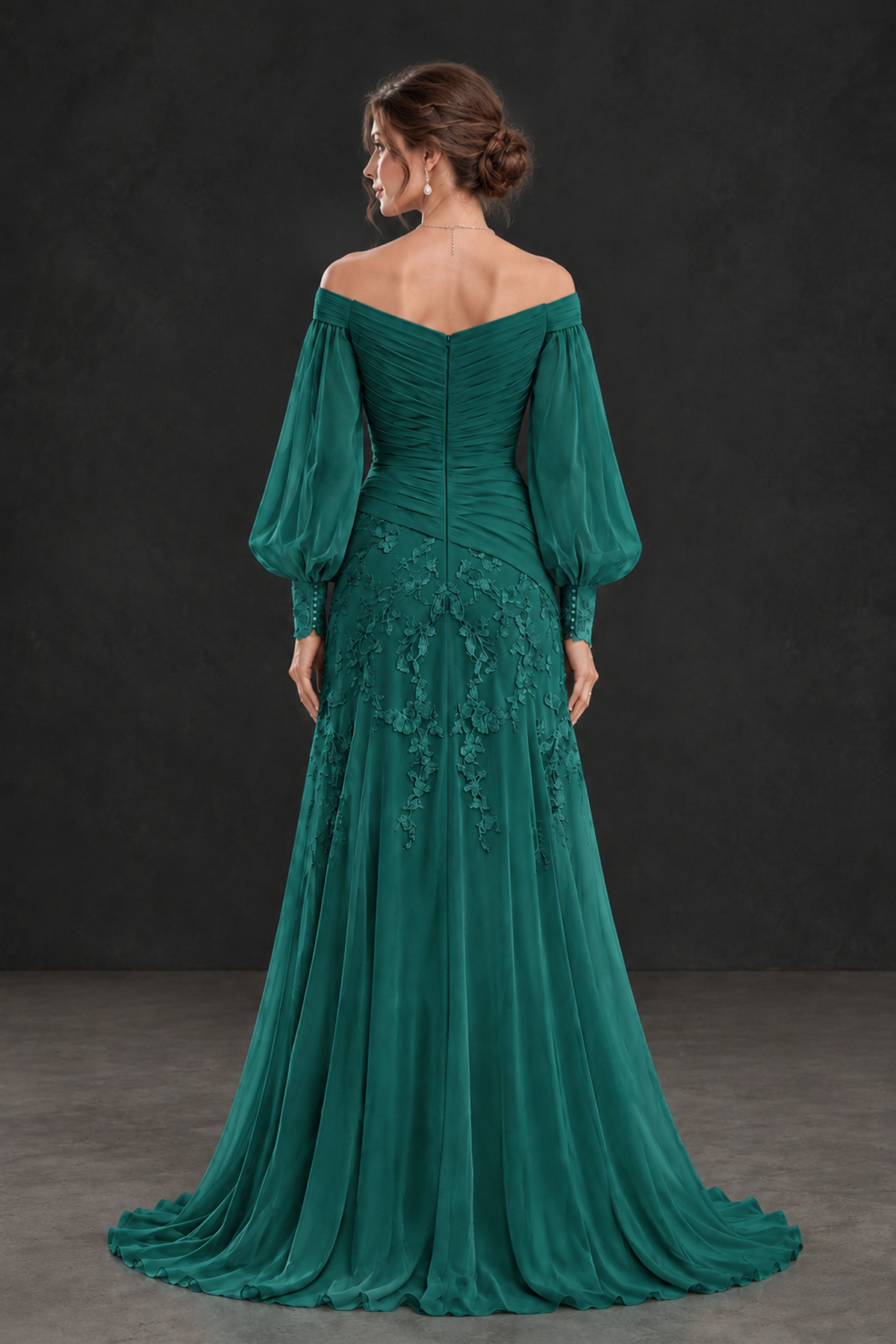 BOLODOO Teal Long Sleeve Mother of the Bride Dress with Floral Appliqués - Teal - Teal (2)