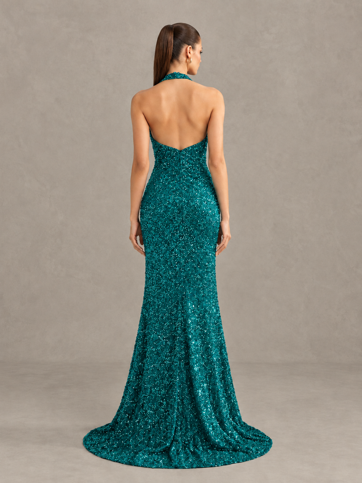 BOLODOO Teal Sequin Halter Open Back Evening Gown with High Slit - Teal - Teal (2)