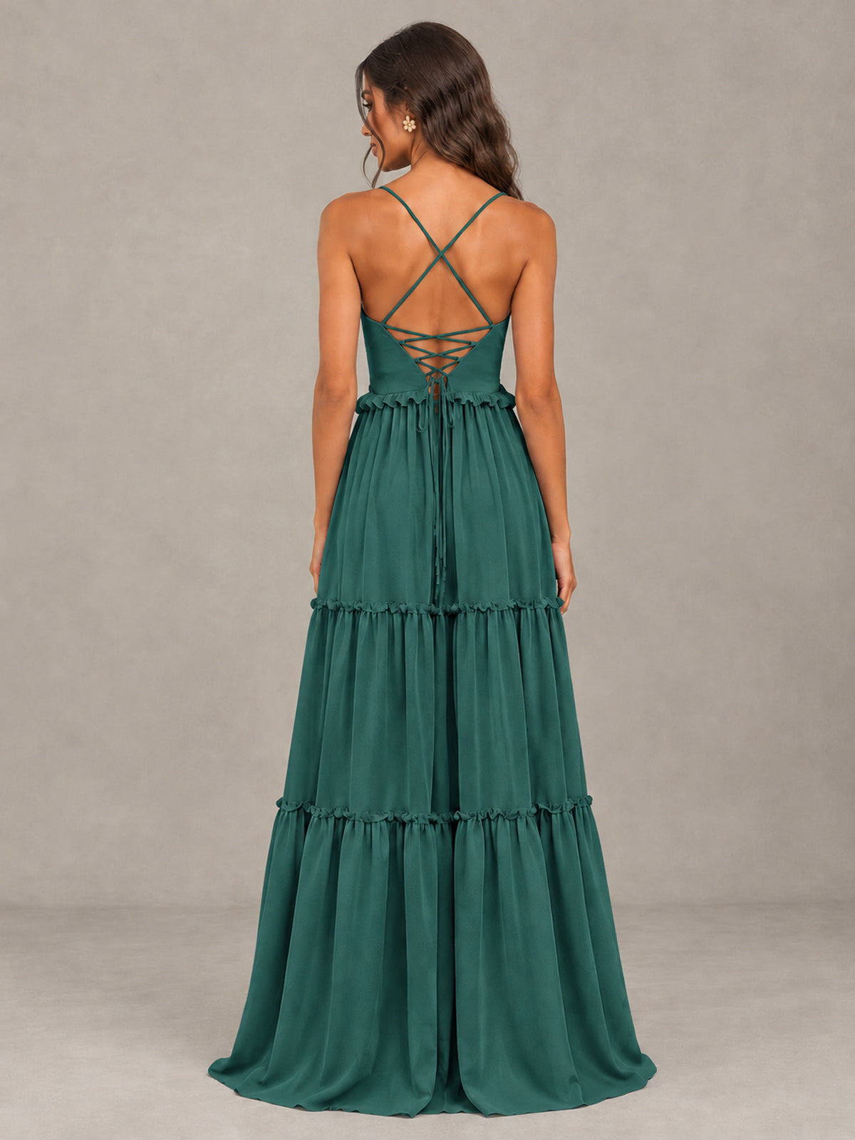 BOLODOO Teal Tiered V-Neck Lace-Up Back Bridesmaid Dress - Teal - Teal (2)