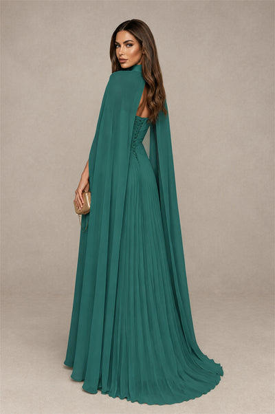 BOLODOO Teal Strapless Crossover Ruched Bodice Detached Turtleneck Cape Lace-Up Back Pleated Chiffon Maxi Dress - Teal