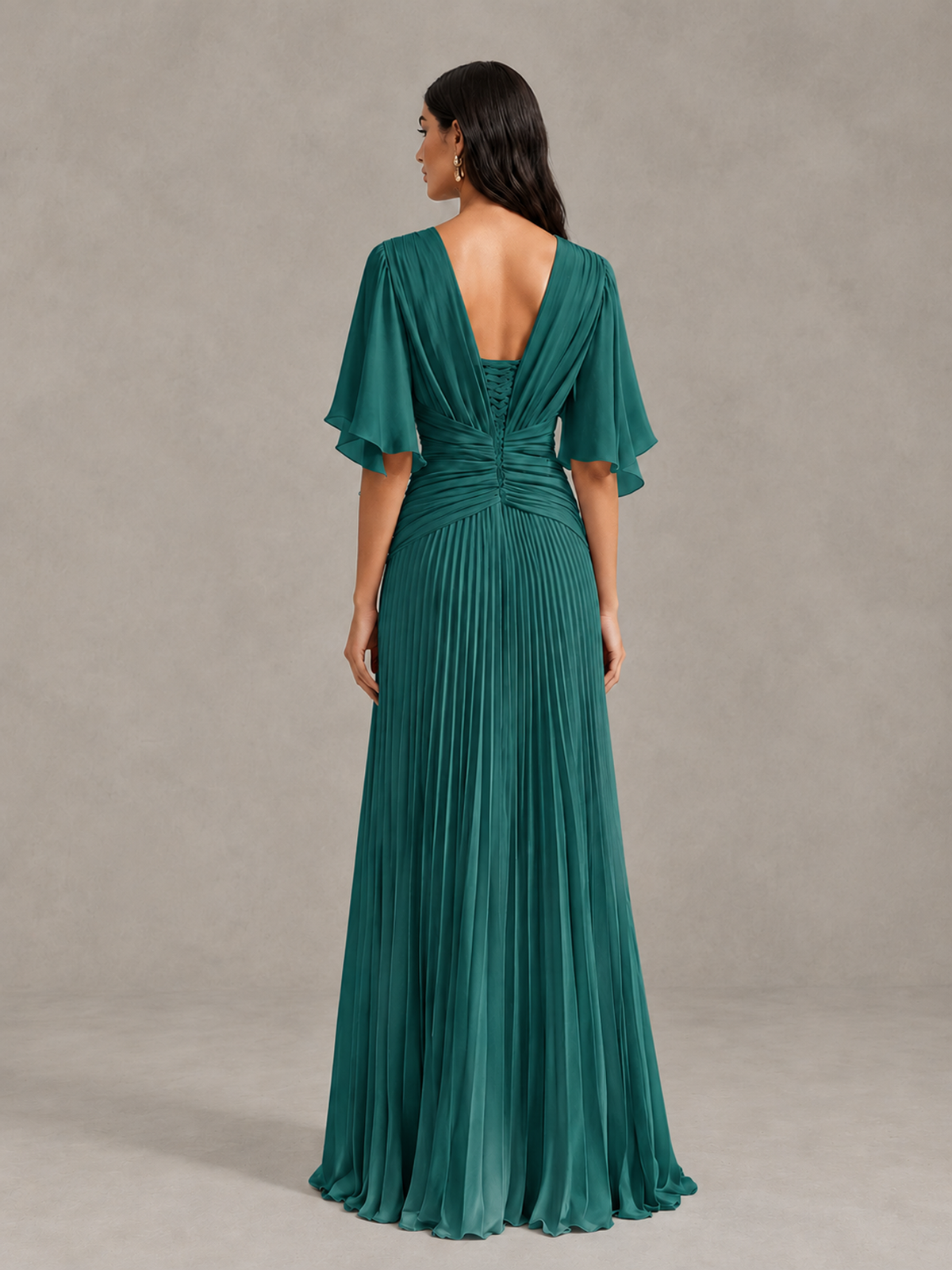 BOLODOO Teal Pleated V-Neck Flutter Sleeve Bridesmaid Dress - Teal - Teal (2)