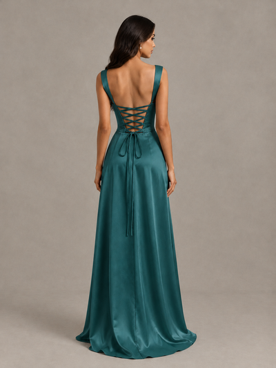 BOLODOO Teal Satin Lace-Up Bridesmaid Dress with Slit - Teal - Teal (2)