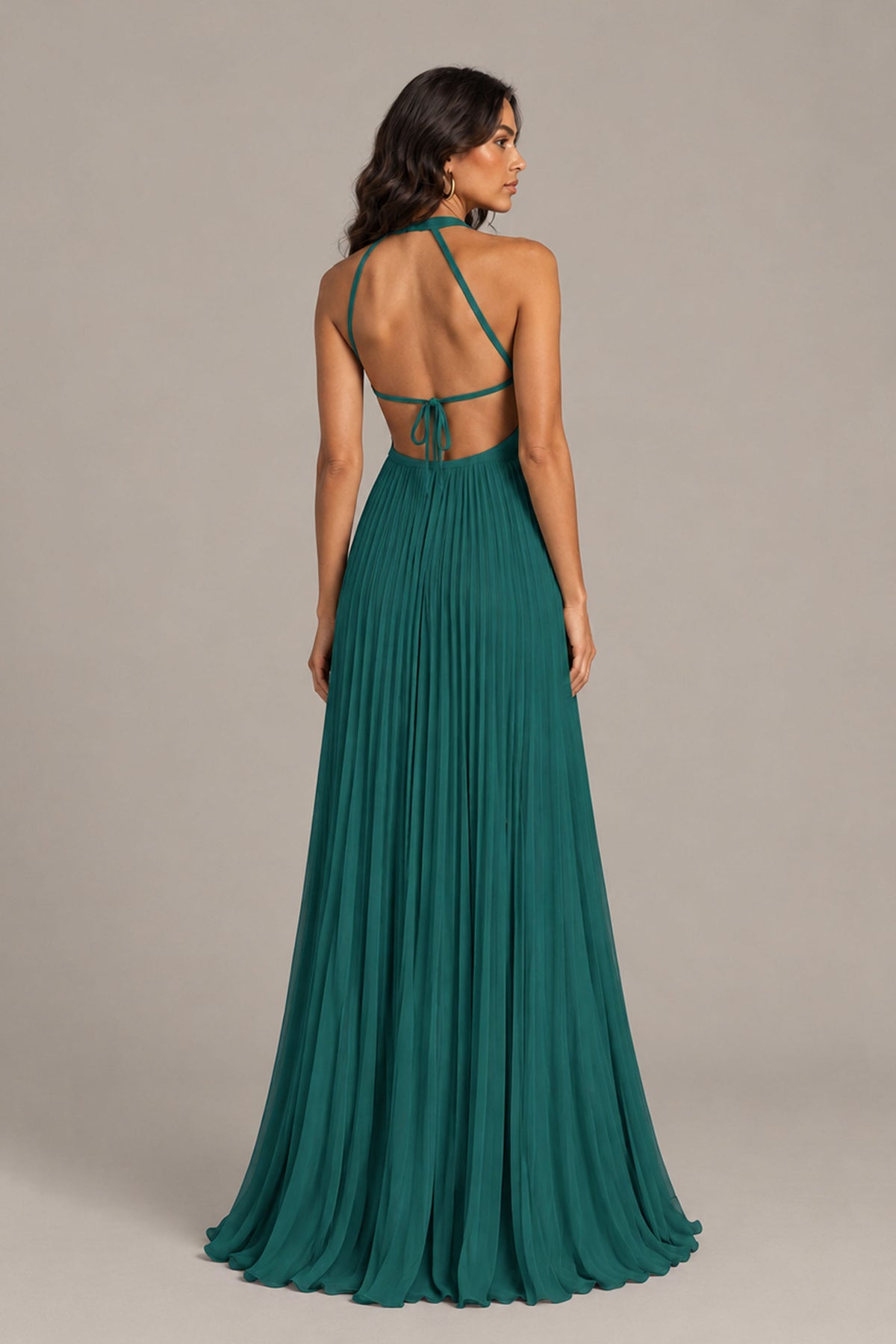 BOLODOO Teal Halter Neck Pleated Chiffon Maxi Dress with Side Slit - Teal