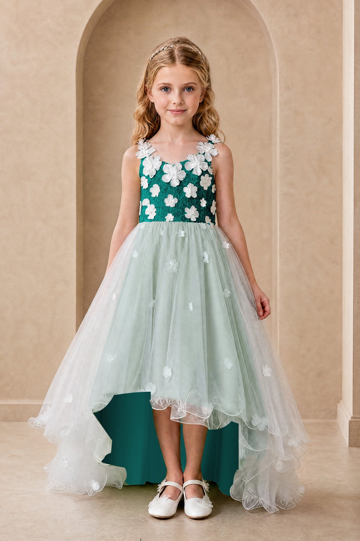 BOLODOO Teal Flower Girl Dress with Floral Appliqué and High-Low Tulle Skirt - Teal