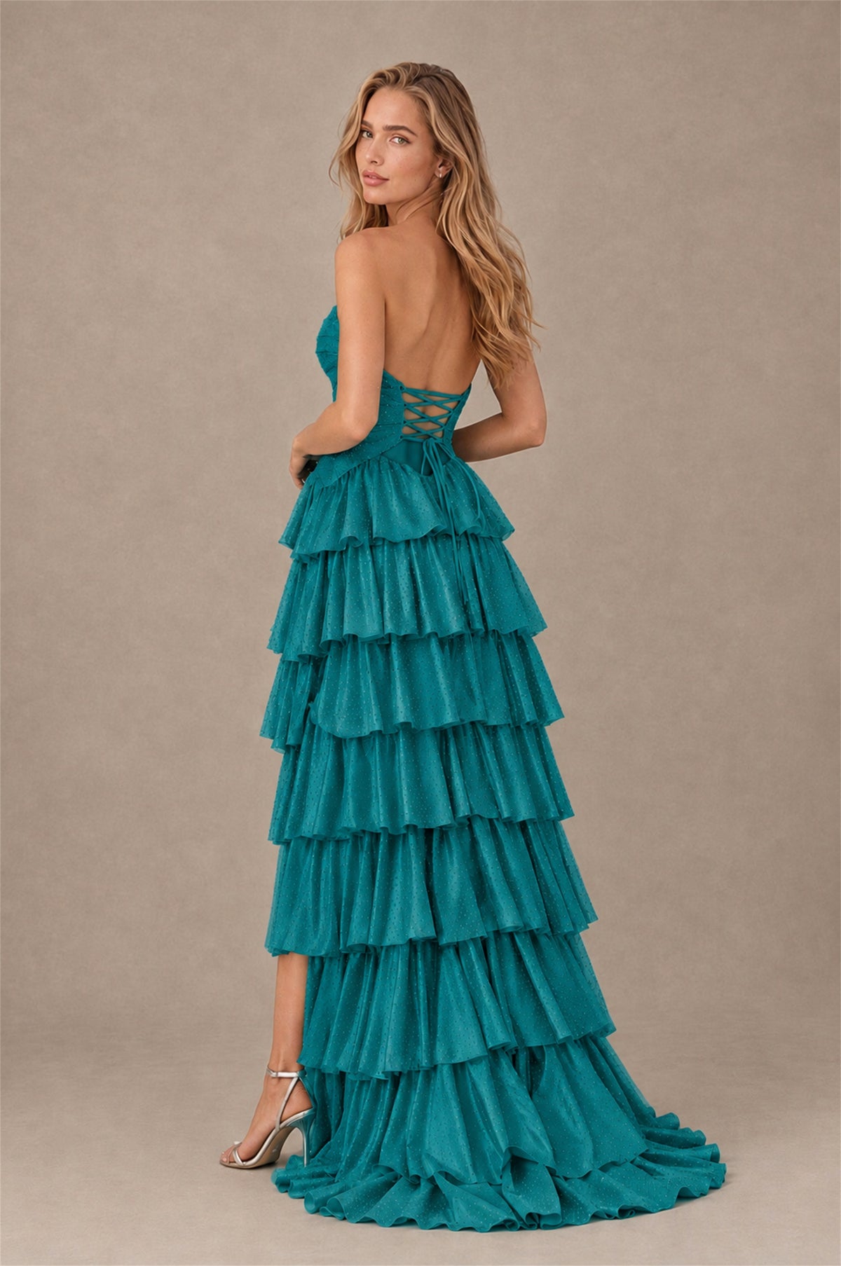 BOLODOO Teal Strapless Cutout Tiered Ruffle Prom Dress with High Slit - Teal - Teal (2)
