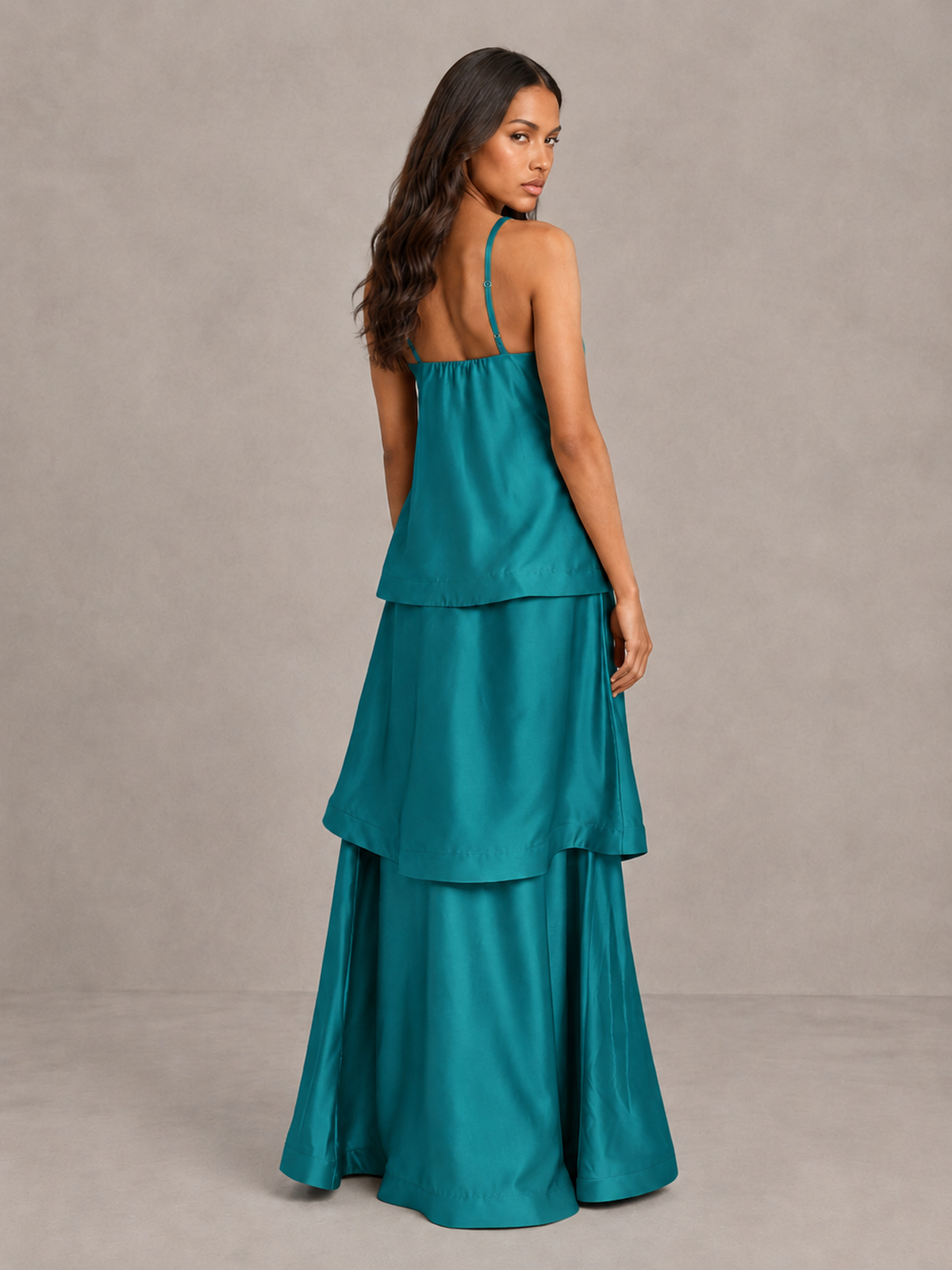BOLODOO Teal Satin Tiered Maxi Dress with Spaghetti Straps - Teal