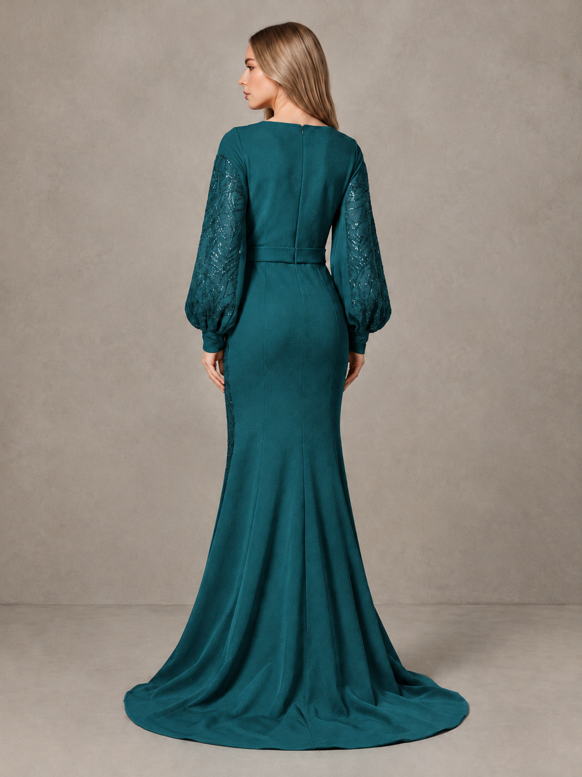 BOLODOO Teal Sequin Long Bishop Sleeve Mermaid Evening Dress - Teal - Teal (2)
