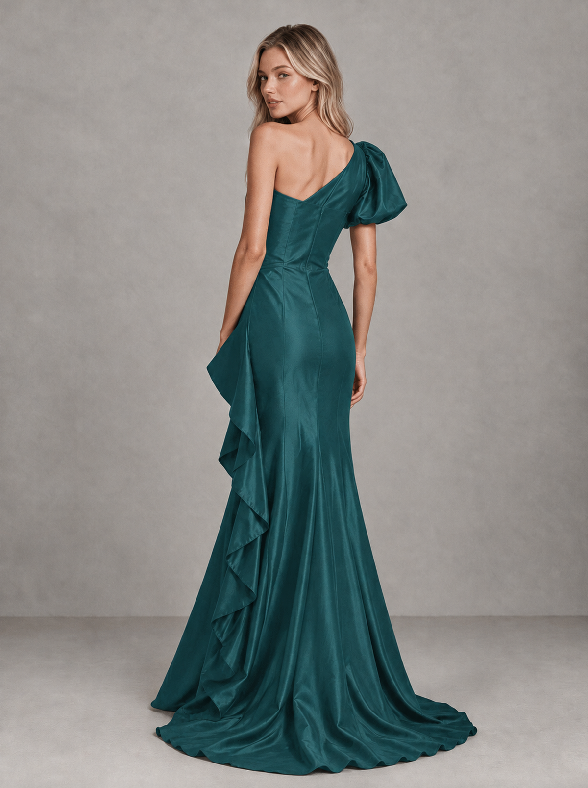 BOLODOO Teal One-Shoulder Satin-Look Mermaid Evening Dress with Ruffles - Teal - Teal (2)