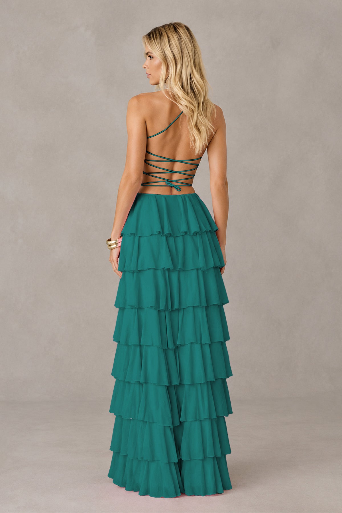 BOLODOO Teal Strapless Tiered Ruffle Maxi Dress with Slit & Lace-Up Back - Teal