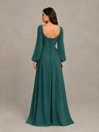 BOLODOO Teal Long Sleeve Chiffon Bridesmaid Dress with Slit - Teal - Teal (2)