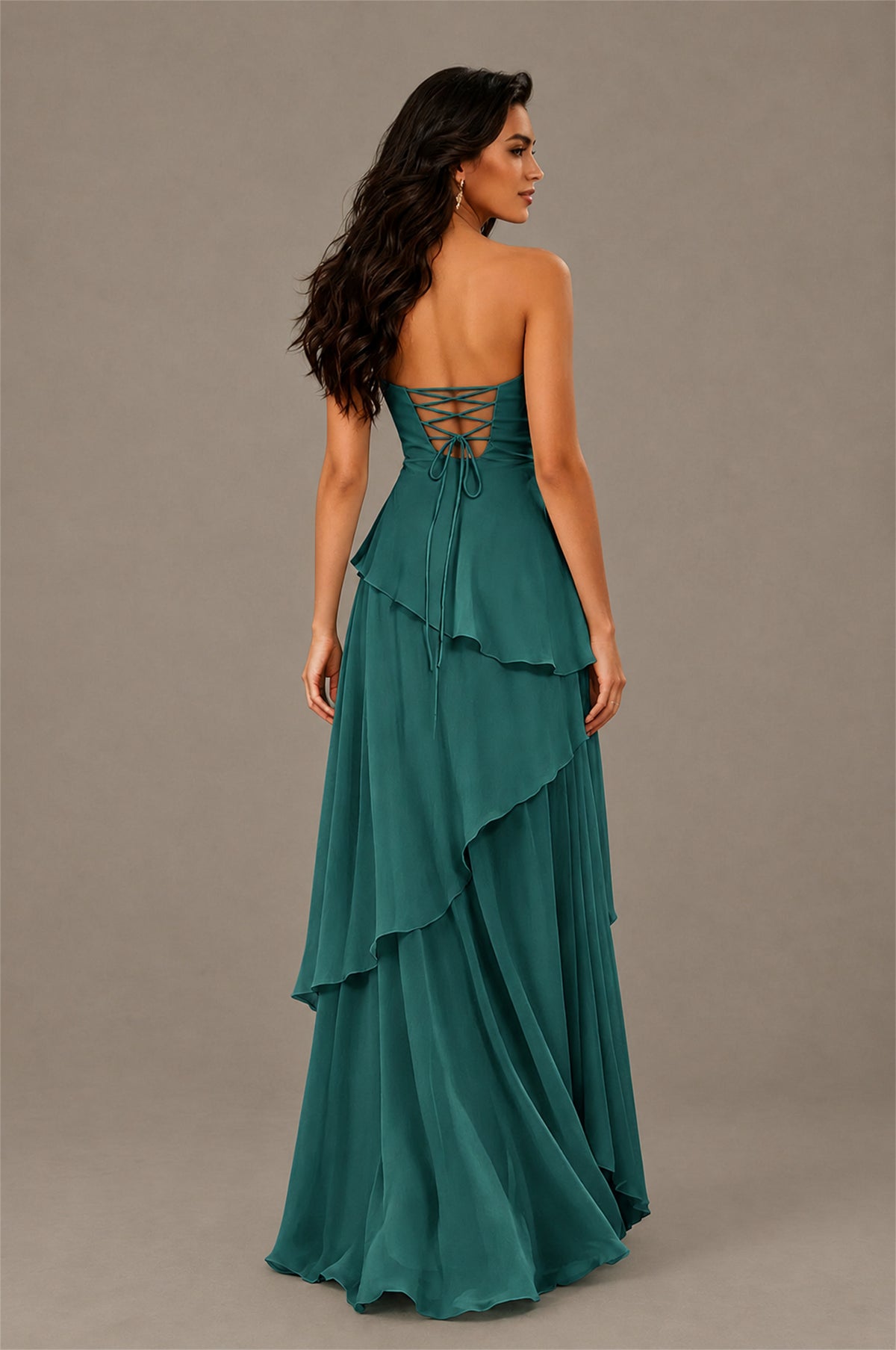 BOLODOO Teal Strapless Sweetheart Knotted Chiffon Tiered Maxi Dress with Lace-Up Back - Teal