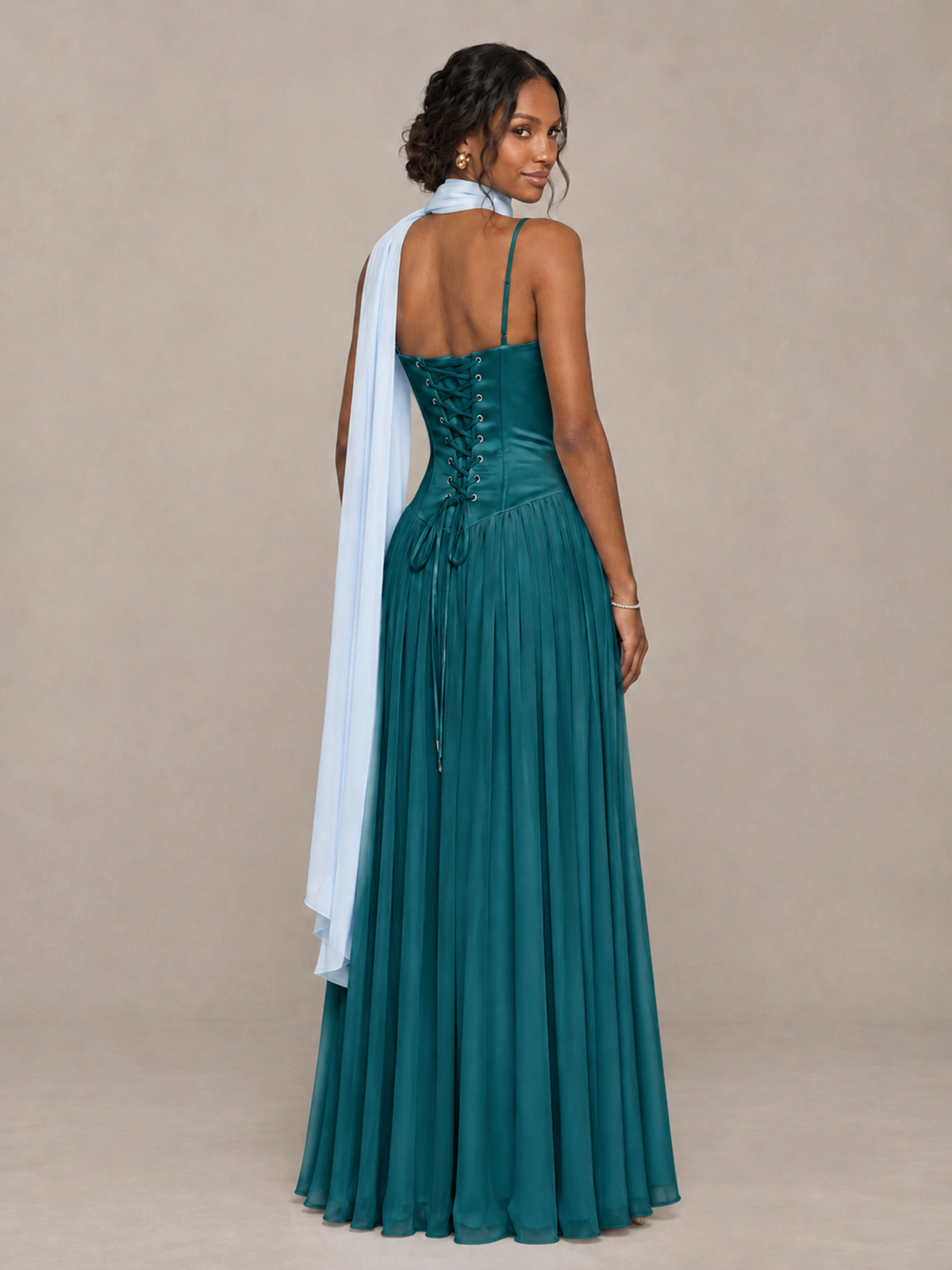 BOLODOO Teal Corset Bridesmaid Dress with Scarf - Teal - Teal (2)