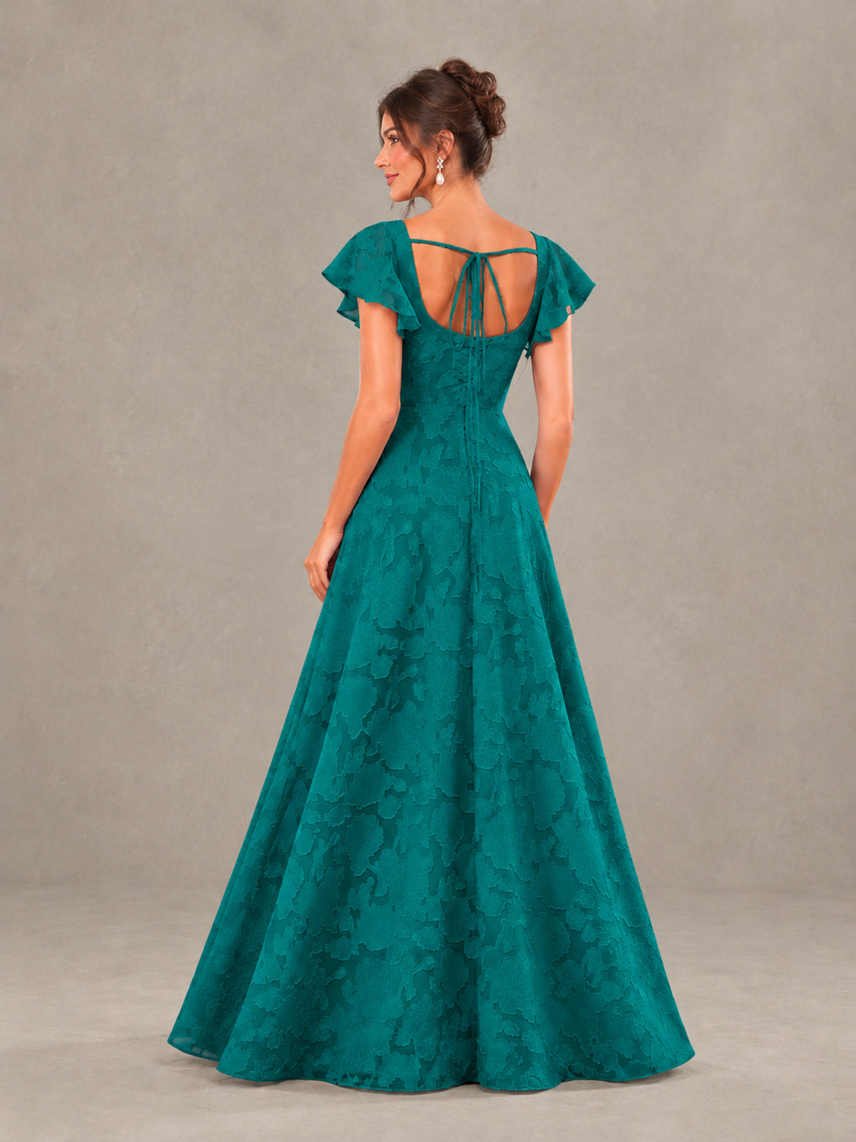 BOLODOO Teal Floral Flutter Sleeve Bridesmaid Dress with Slit - Teal - Teal (2)